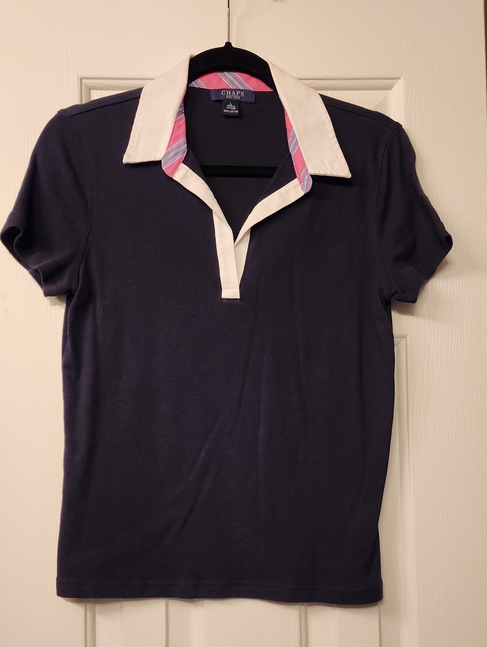 Chaps Navy Short-Sleeve Polo with White Collar and Pink Stripe Trim